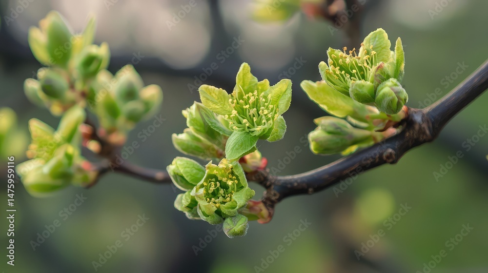 Fototapeta premium A scene of natureâ€™s awakening, where the petals of flowers sprout green blossoms at their tips, breathing new life into the landscape.