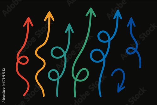 Colorful hand-drawn arrows in red, orange, green, teal, and blue on a black background, each with unique wavy paths, mostly pointing up, symbolizing growth and creativity.