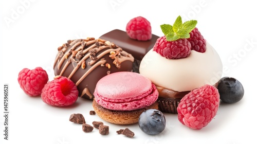 Delightful assorted mini desserts with fresh raspberries and blueberries isolated