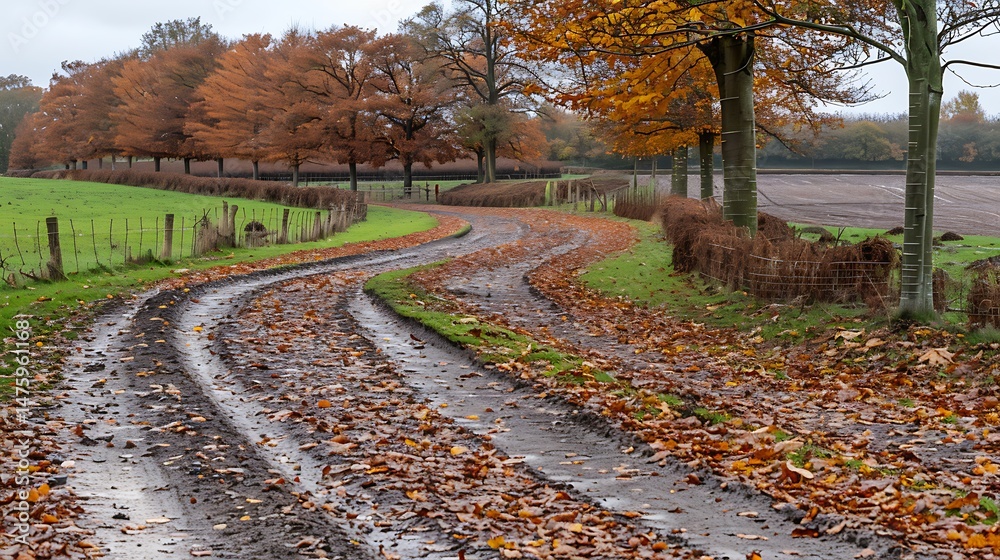 Fototapeta premium Winding Muddy Road Through Autumnal Landscape with Trees and Fallen Leaves