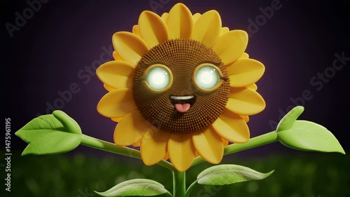 Cartoon flower with a happy face and arms extended, 4k, 3d render, whimsical cartoon sun flower character, large eyes, green leaves, 