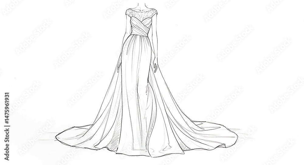 Obraz premium Elegant wedding dress sketch with lace bodice and flowing train for fashion design projects
