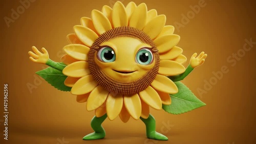 Cartoon flower with a happy face and arms extended, 4k, 3d render, whimsical cartoon sun flower character, large eyes, green leaves, 