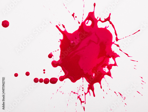 Big red blot with splashes and drops isolated on white background..