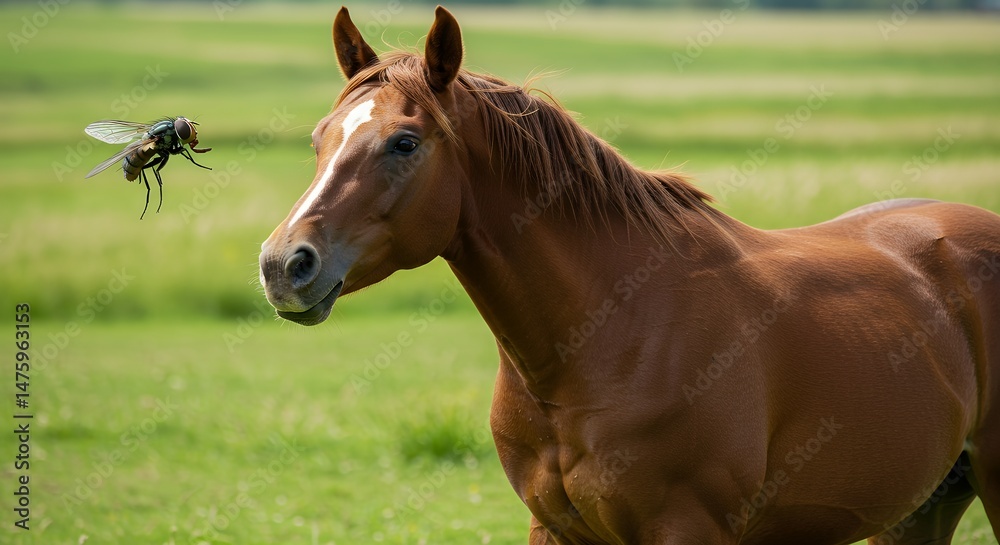 Fototapeta premium Horse and Fly on Green Pasture