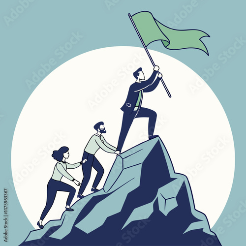 Teamwork climbing mountain reaching the summit with a green flag as symbol of victory