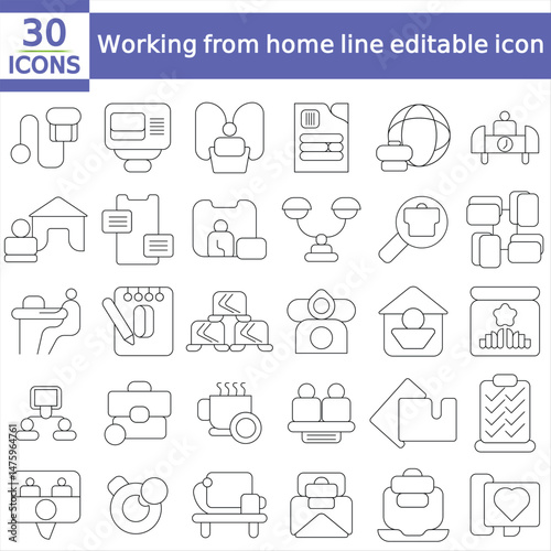  Working from home line editable icon set. Contains icons related to remote working, freelance, hybrid work, digital nomad, office, work at home, and more.