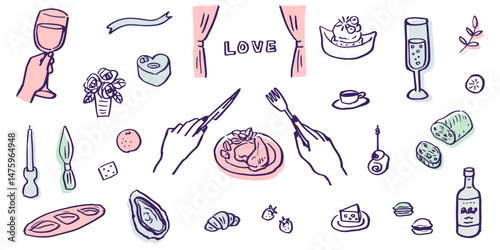 Hand drawn illustrations of restaurant meals and parties. Food for holidays and anniversaries. Food and drinks for dinners and lunches.