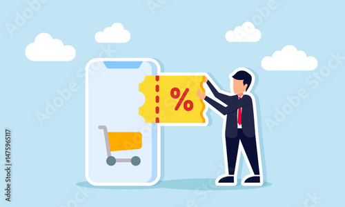 Businessman holding voucher beside smartphone with shopping cart icon business strategy illustration