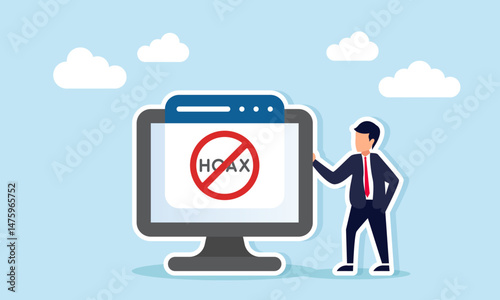 Businessman standing beside monitor displaying application interface with crossed HOAX symbol digital content verification illustration
