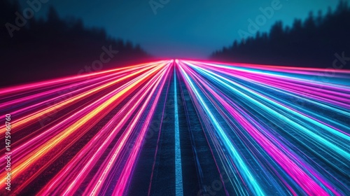 Vibrant neon colors illuminate the sleek lanes of a futuristic highway system, showcasing advanced transportation technology