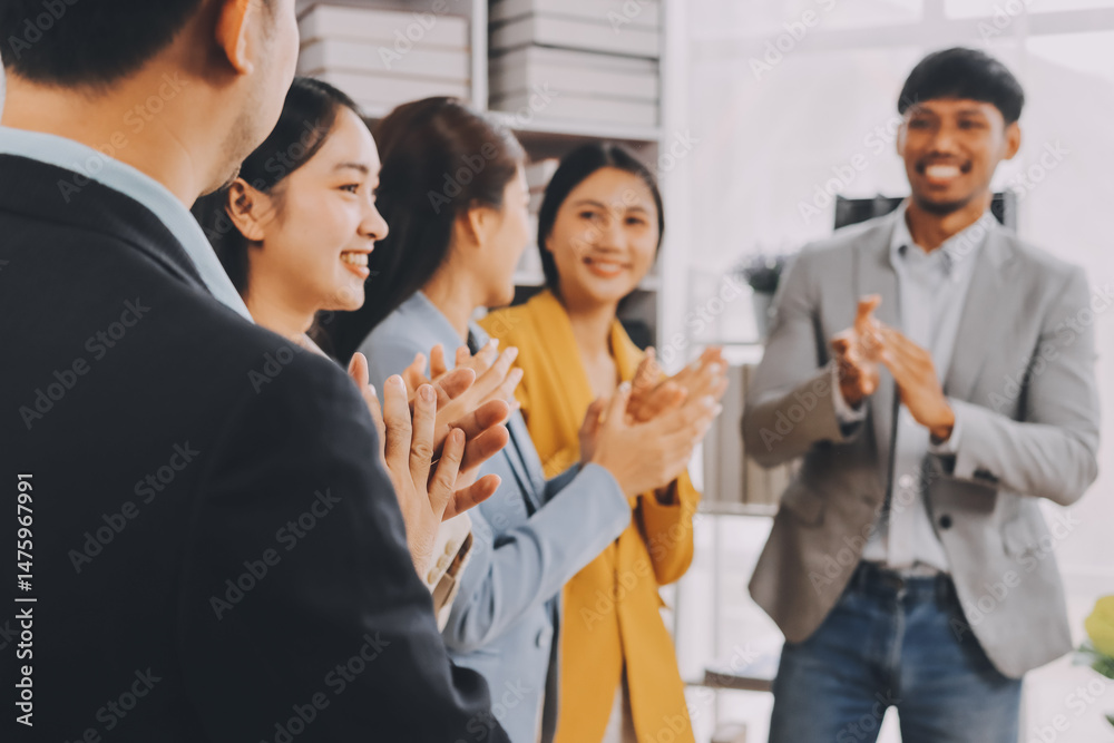 Obraz premium Conference, team of coworkers clapping hands for success and in boardroom of presentation with lens flare. Support, achievement and diverse group of people applauding together in business meeting