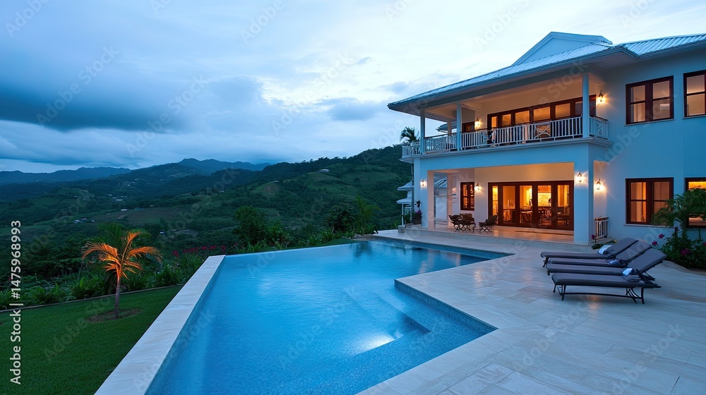 Fototapeta premium Luxurious home with a pool overlooking a mountain vista.