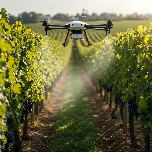 Drone Spraying Vineyard with Green Rows and Ripe Grapes