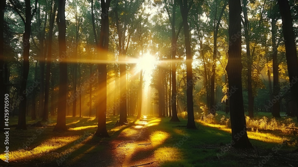 Obraz premium The sun shines through a forest, casting a beautiful golden light on a path.