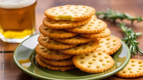 A plate of homemade buttery crackers stacked on a green plate with a glass of beer and a sprig of rosemary in the background.