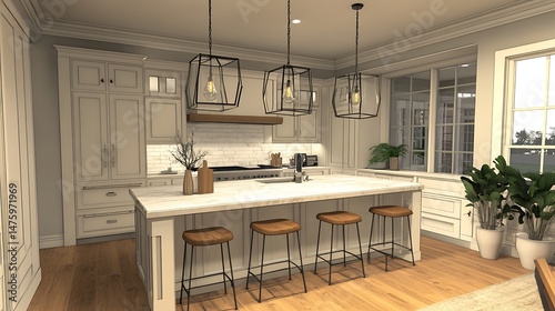 Transitional Kitchen with Large Island and Pendant Lights