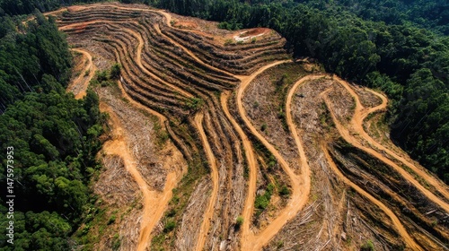 Aerial view of deforestation patterns in a tropical forest.