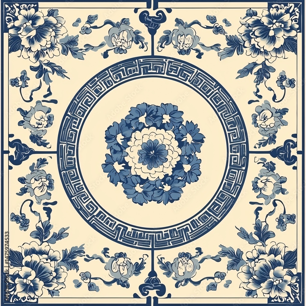 Fototapeta premium Blue and white porcelain style floral pattern tiles