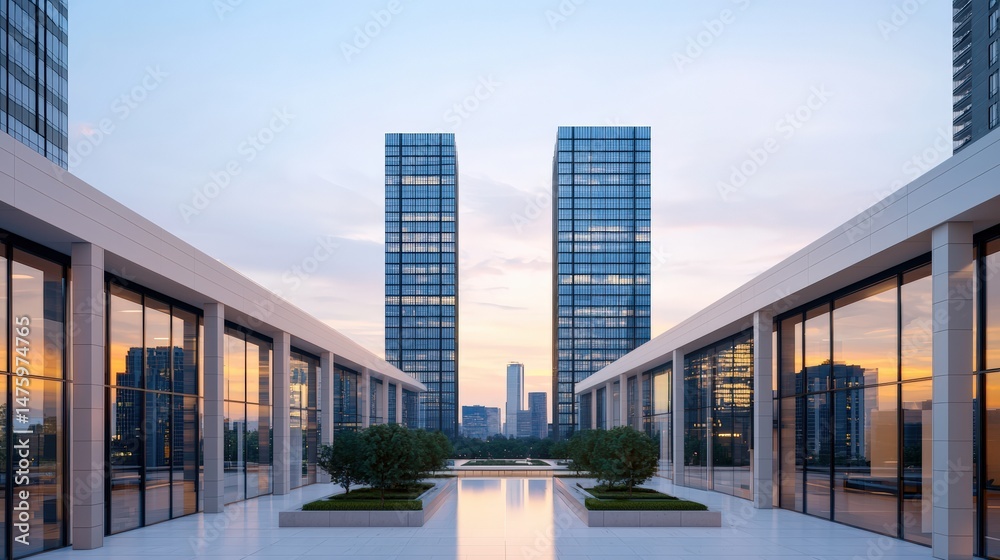 Obraz premium Glass skyscrapers towering over a modern plaza at sunset, reflecting the vibrant urban landscape in their sleek facades