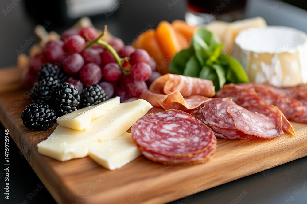 Delicious and Colorful Charcuterie Board with Fresh Fruits, Cheese and Meats Delicious and Colorful Charcuterie Board with Fresh Fruits, Cheese and Meats