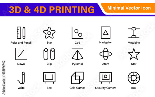 3D and 4D Printing Icons – Outline, Vector, and Line Art Illustrations for Printing Tech, Prototyping, Design, Engineering, and Innovation Projects