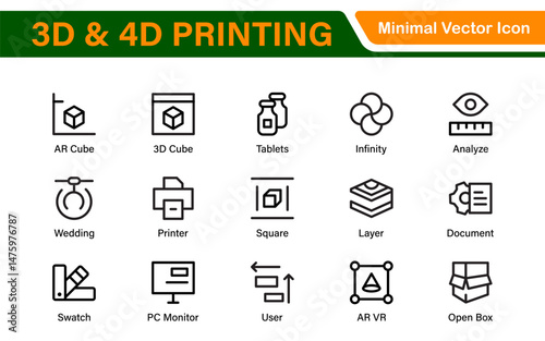 3D and 4D Printing Icons – Outline, Vector, and Line Art Illustrations for Printing Tech, Prototyping, Design, Engineering, and Innovation Projects