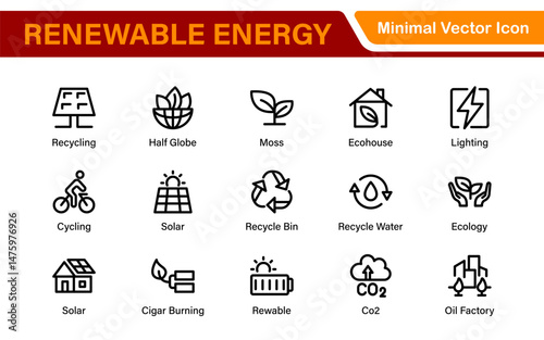 Modern Green Technology Sustainability Icons – Outline, Line Art, and Vector Illustrations for Clean Energy, Recycling, Nature Conservation, and Digital UI