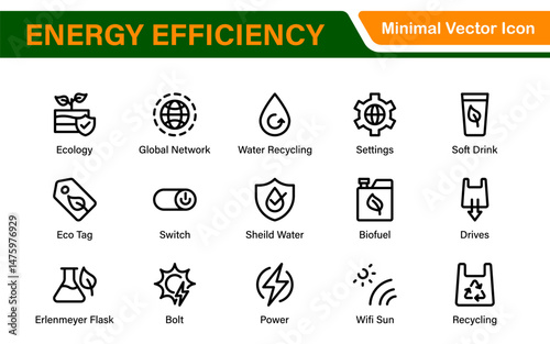 Modern Green Technology Sustainability Icons – Outline, Line Art, and Vector Illustrations for Clean Energy, Recycling, Nature Conservation, and Digital UI