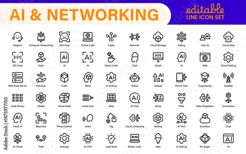 Artificial intelligence and Networking technology icon set. AI and networking editable line icon illustration.