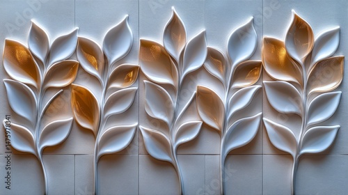 Abstract floral pattern: Artistic interpretation of nature, featuring elegant relief sculpture of stylized leaves. The interplay of light and shadow brings to life a calming atmosphere. 