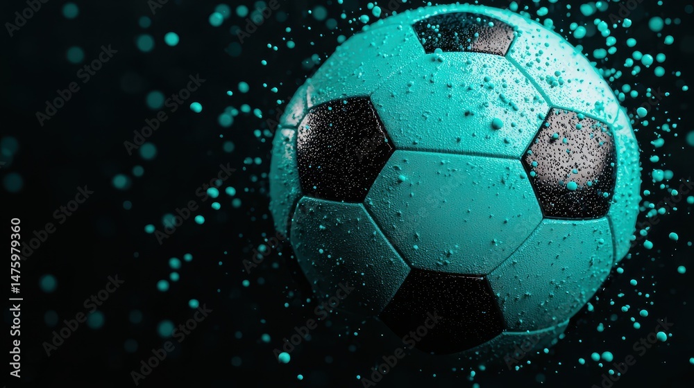 Fototapeta premium Vibrant Water Splashing Off a Turquoise Soccer Ball in a Dark Background Capturing Dynamic Motion and Energy