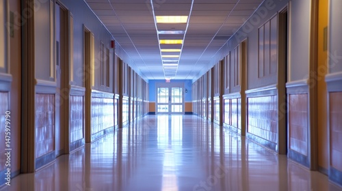 Long  brightly lit hallway with doors on either side  leading to an exit at the end.  Clean  polished floor reflects light