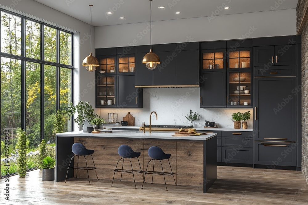 Obraz premium Modern dark kitchen design with large windows.