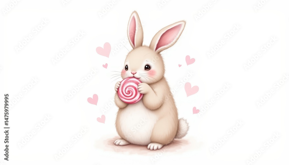 Fototapeta premium Cute bunny indulges in a sweet lollipop treat, delightful springtime scene adorable