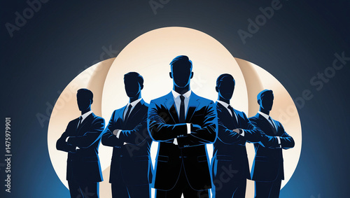 Professional team silhouette image with a sleek blue black gradient, conveying strength, unity, and corporate success. Great for business presentations and ads.