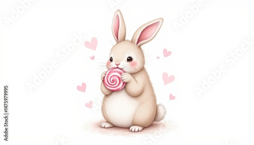 Cute bunny indulges in a sweet lollipop treat, delightful springtime scene adorable