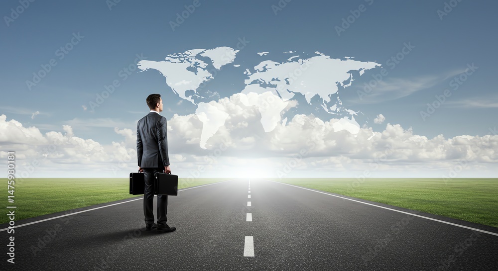 Businessman on Road Looks at World Map in Sky Businessman on Road Looks at World Map in Sky