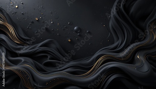Dark Elegance: Black Silk Drapes with Golden Accents and Liquid