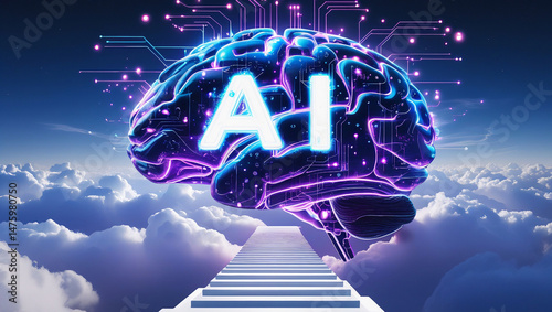 Glowing AI brain made of neon light and data particles, floating in a surreal sky. Ideal for business, technology, and artificial intelligence themed designs.