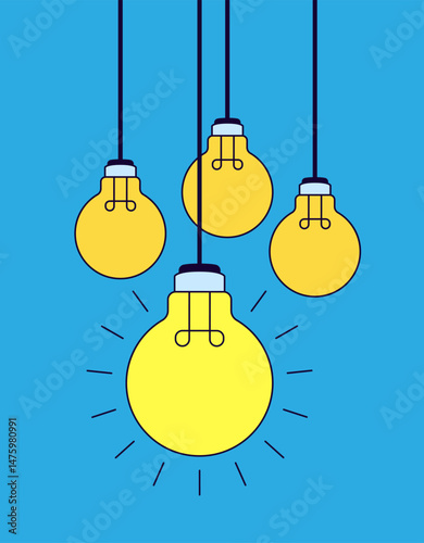 Four hanging yellow light bulbs with one bulb glowing brightly, symbolizing ideas, creativity, and innovation cartoon vector illustration