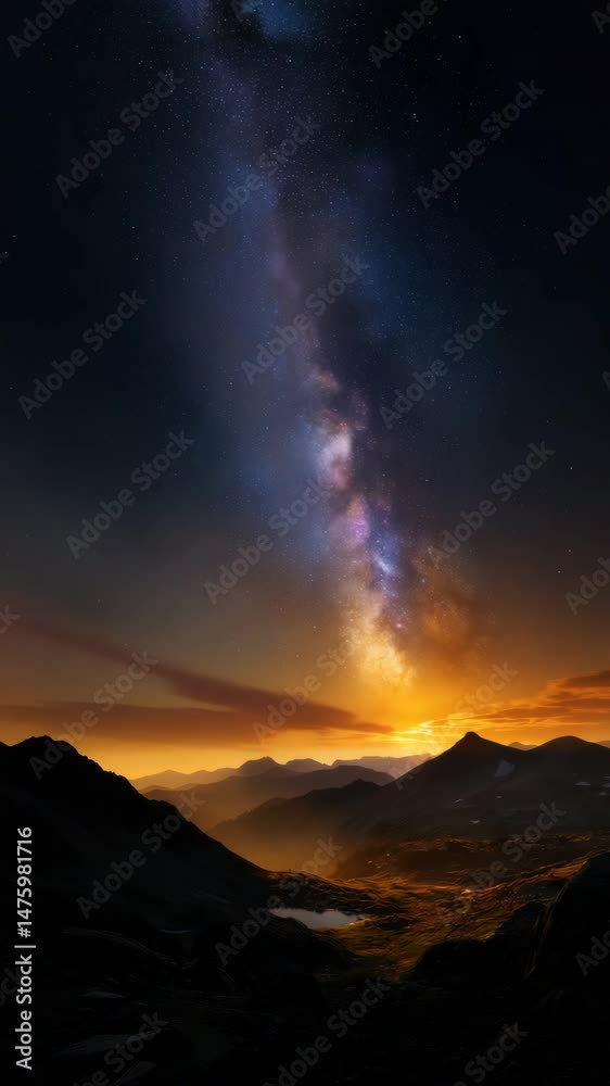 Breathtaking mountain landscape under a starry sky at dusk, showcasing the Milky Way. Breathtaking mountain landscape under a starry sky at dusk, showcasing the Milky Way.