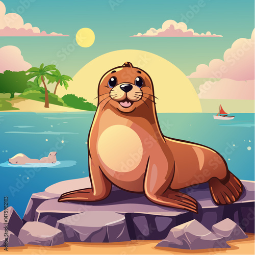 Cute Sea Lions Sitting on Rock Near Shore Vector Image