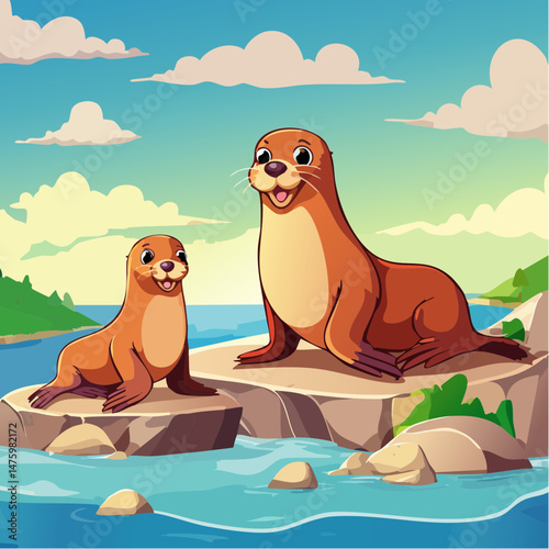Cute Sea Lions Sitting on Rock Near Shore Vector Image