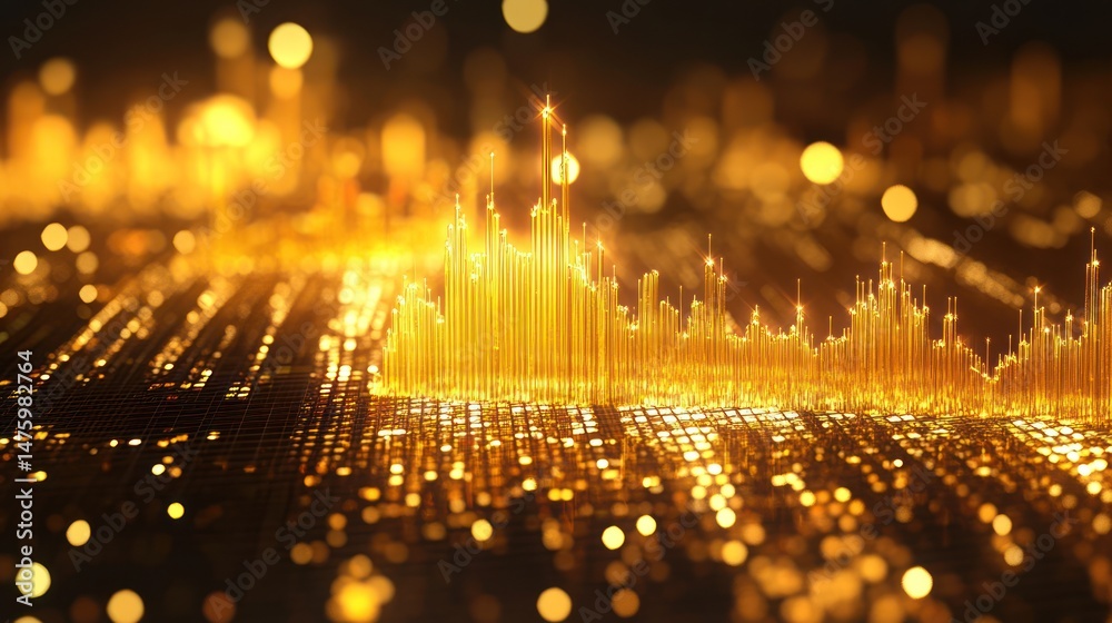Fototapeta premium Golden Data Visualization: A 3D Abstract Financial Chart Illuminated Against a Cityscape Backdrop