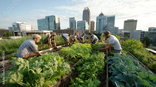 Urban farming on rooftops, showcasing community gardening and sustainable practices.