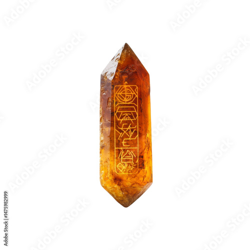 Enigmatic Amber Crystal Point with Ancient Glyphs - Mystical Energy and Spiritual Symbolism