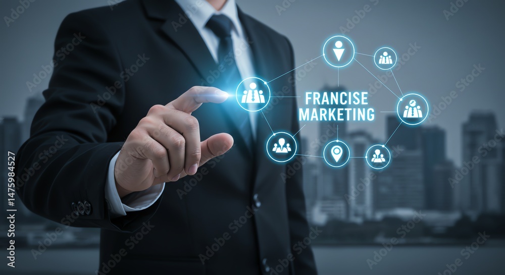 Franchise Marketing Concept with Person Touching Interface Franchise Marketing Concept with Person Touching Interface