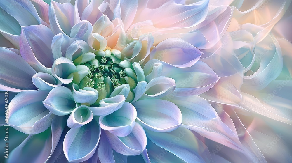 Fototapeta premium A soft and surreal image of a flower where the tips of its colorful petals have tiny, delicate green flowers beginning to bloom.