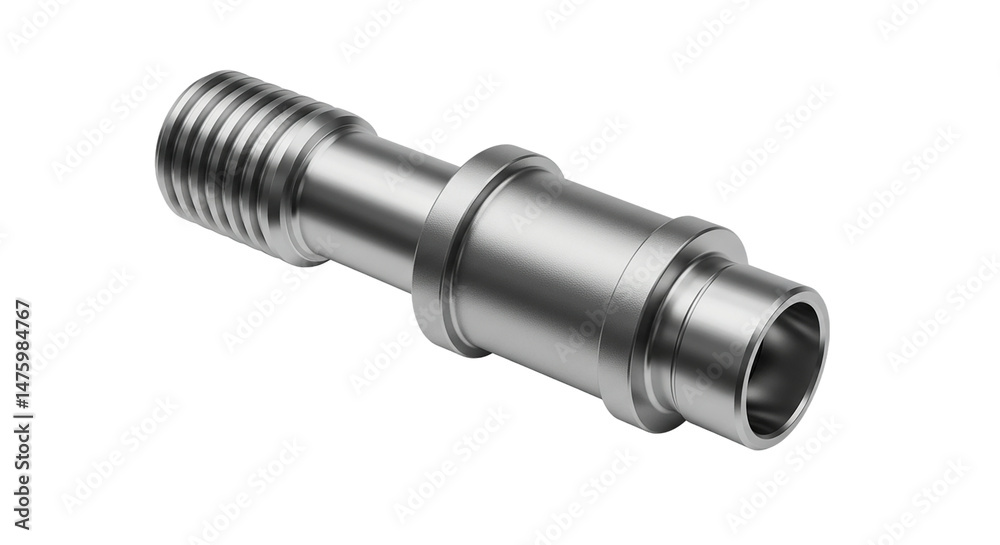 Close up shot of a metal fitting with threads and a hollow end on a black background studio shot